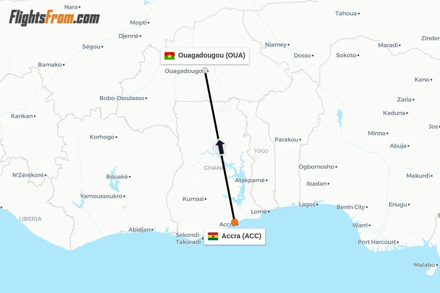 Flights from Accra to Ouagadougou route map
