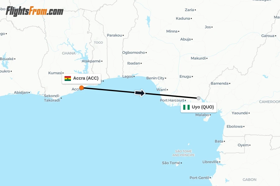 Flights from Accra to Uyo route map