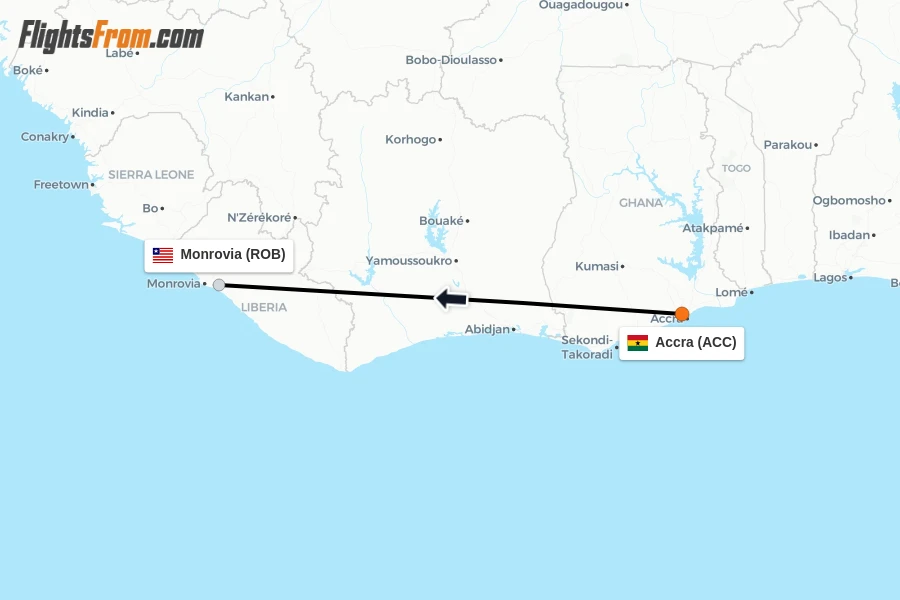 Flights from Accra to Monrovia route map
