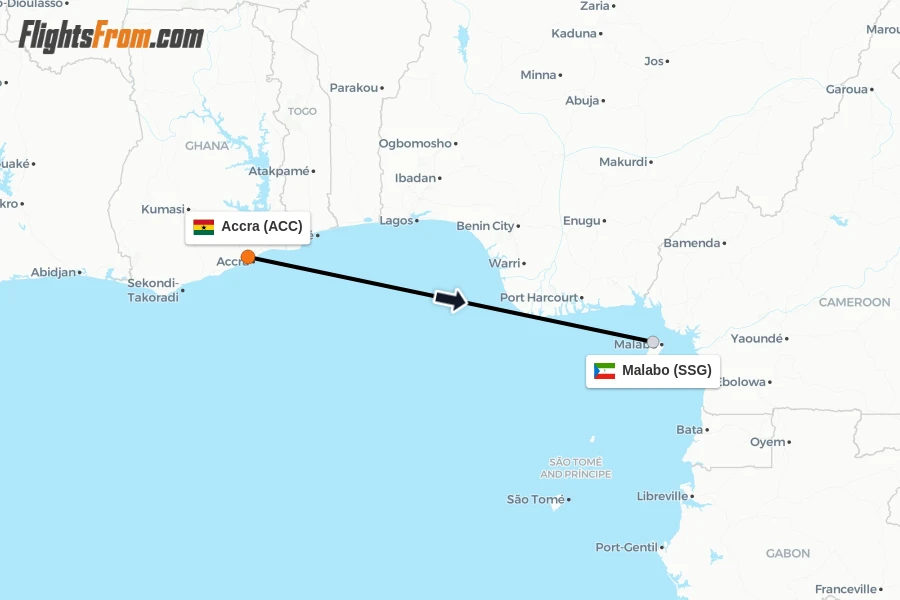 Flights from Accra to Malabo route map
