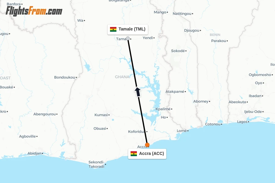 Flights from Accra to Tamale route map