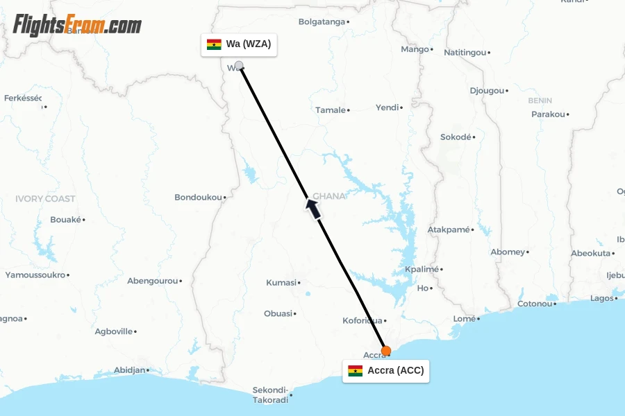 Flights from Accra to Wa route map