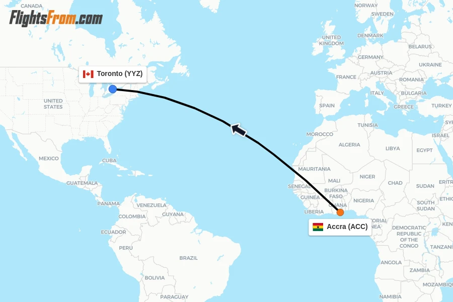 Flights from Accra to Toronto route map