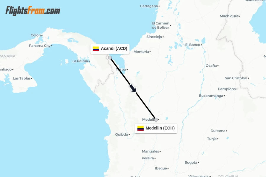Flights from Acandi to Medellin route map
