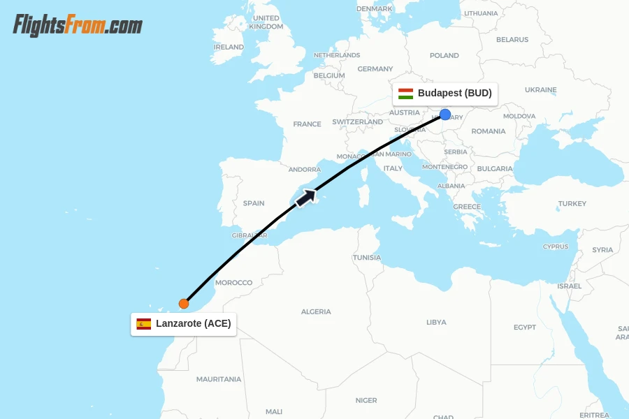 Flights from Lanzarote to Budapest route map