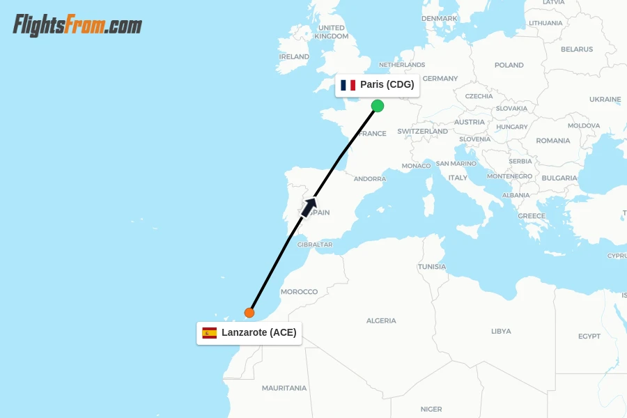 Flights from Lanzarote to Paris route map