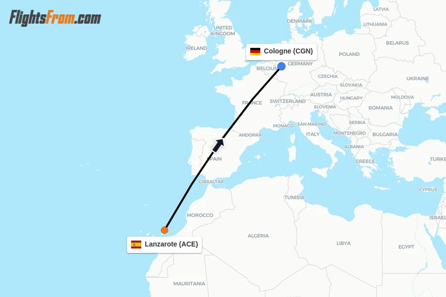 Flights from Lanzarote to Cologne route map