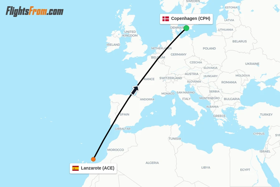 Flights from Lanzarote to Copenhagen route map