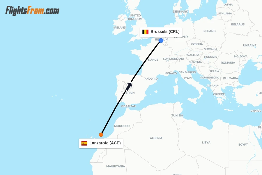 Flights from Lanzarote to Brussels route map