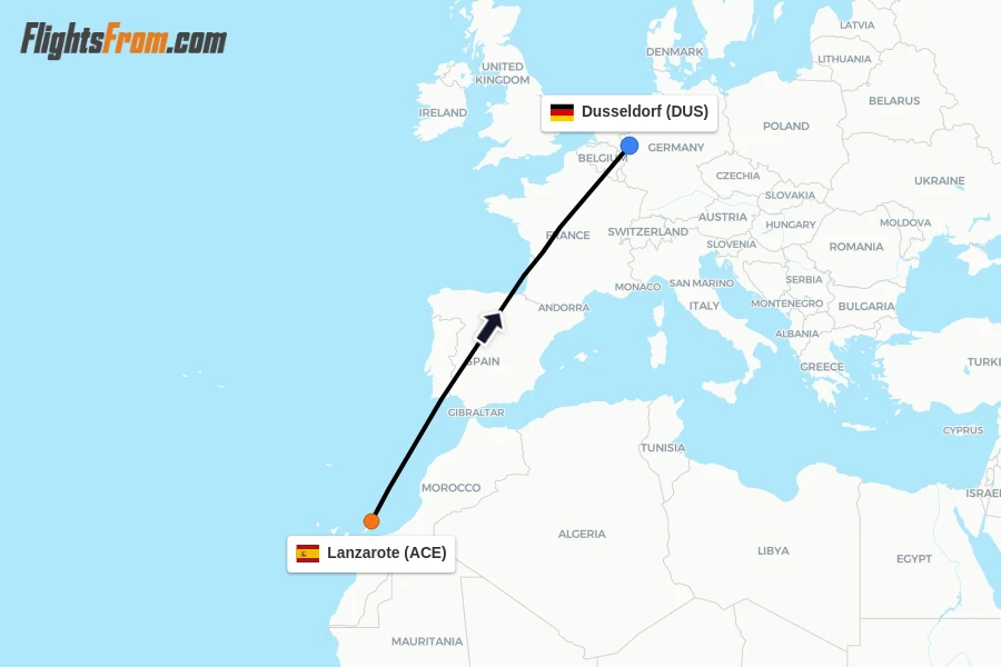 Flights from Lanzarote to Dusseldorf route map