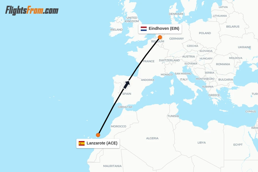 Flights from Lanzarote to Eindhoven route map
