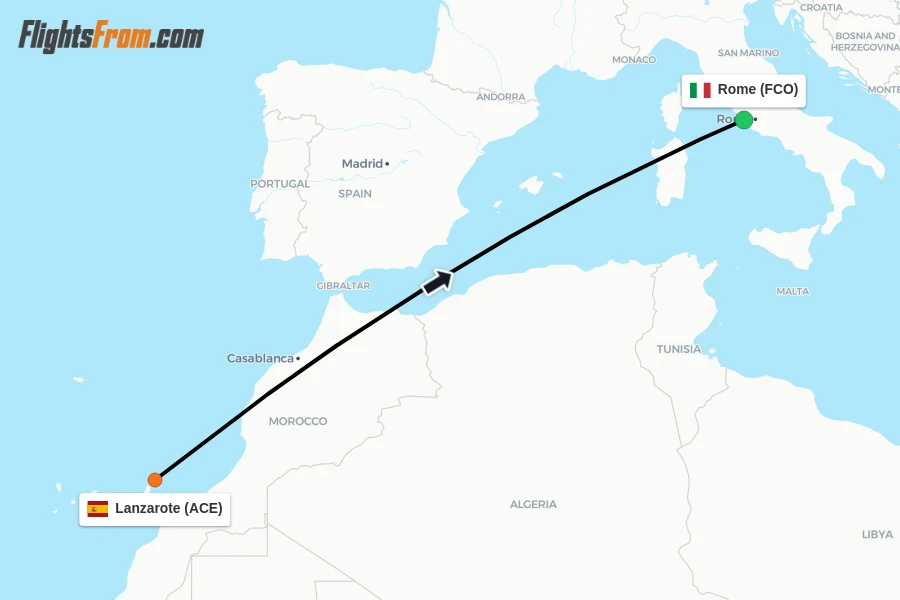 Flights from Lanzarote to Rome route map