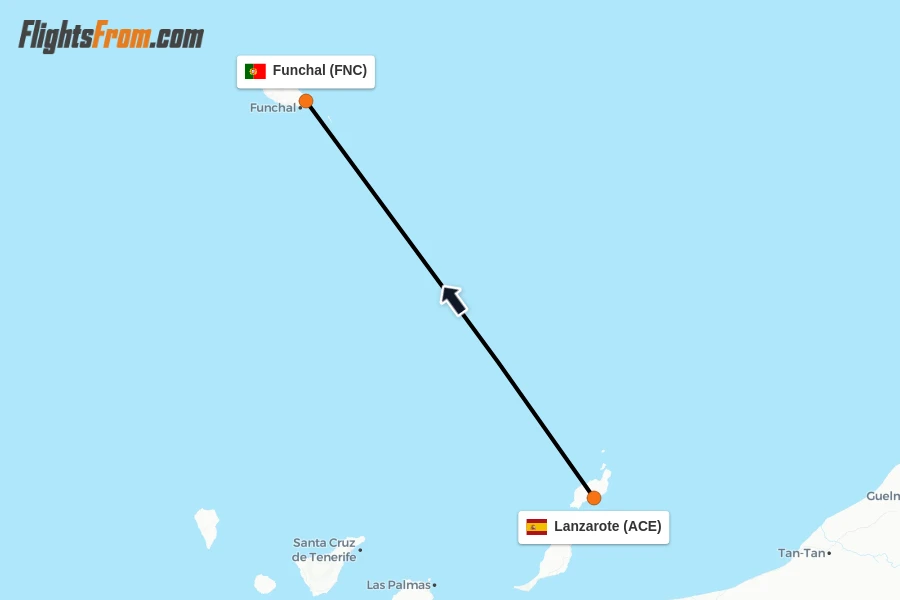 Flights from Lanzarote to Funchal route map