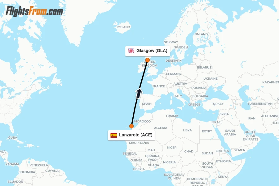 Flights from Lanzarote to Glasgow route map