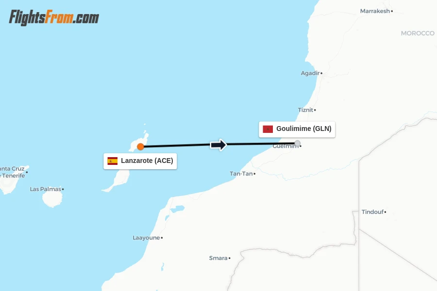 Flights from Lanzarote to Goulimime route map
