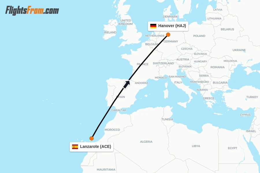 Flights from Lanzarote to Hanover route map