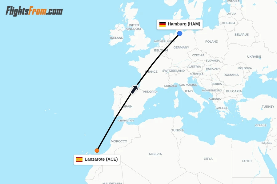Flights from Lanzarote to Hamburg route map