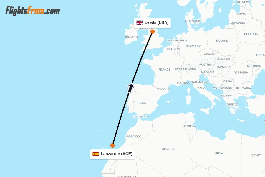 Flights from Lanzarote to Leeds route map