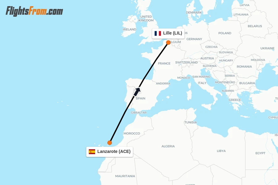 Flights from Lanzarote to Lille route map