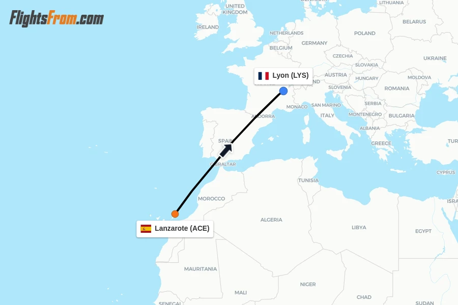 Flights from Lanzarote to Lyon route map