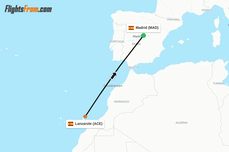 Flights from Lanzarote to Madrid route map