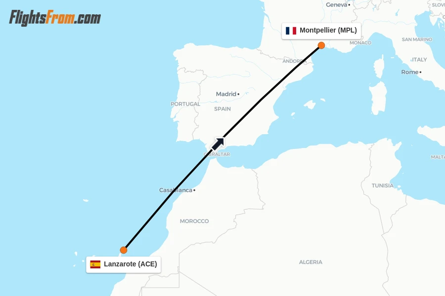 Flights from Lanzarote to Montpellier route map