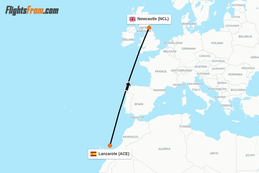 Flights from Lanzarote to Newcastle route map