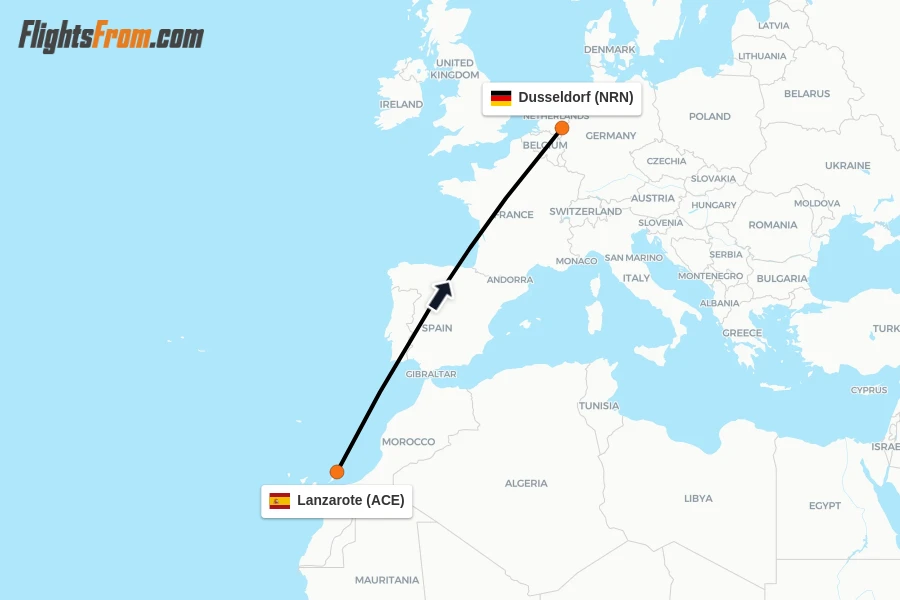 Flights from Lanzarote to Dusseldorf route map