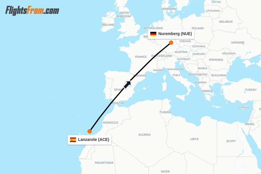 Flights from Lanzarote to Nuremberg route map