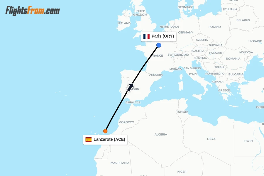 Flights from Lanzarote to Paris route map