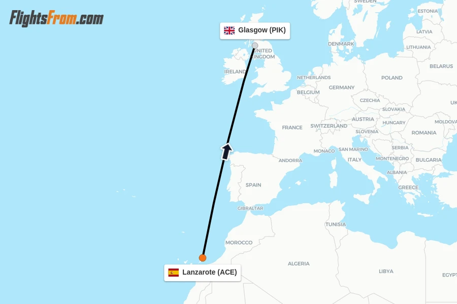 Flights from Lanzarote to Glasgow route map