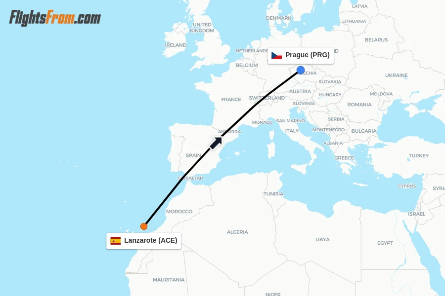 Flights from Lanzarote to Prague route map