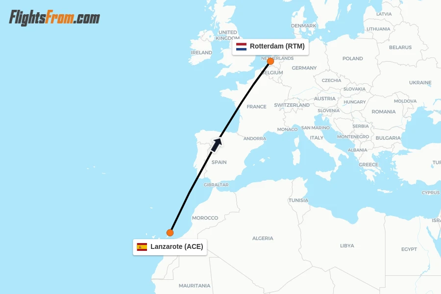 Flights from Lanzarote to Rotterdam route map