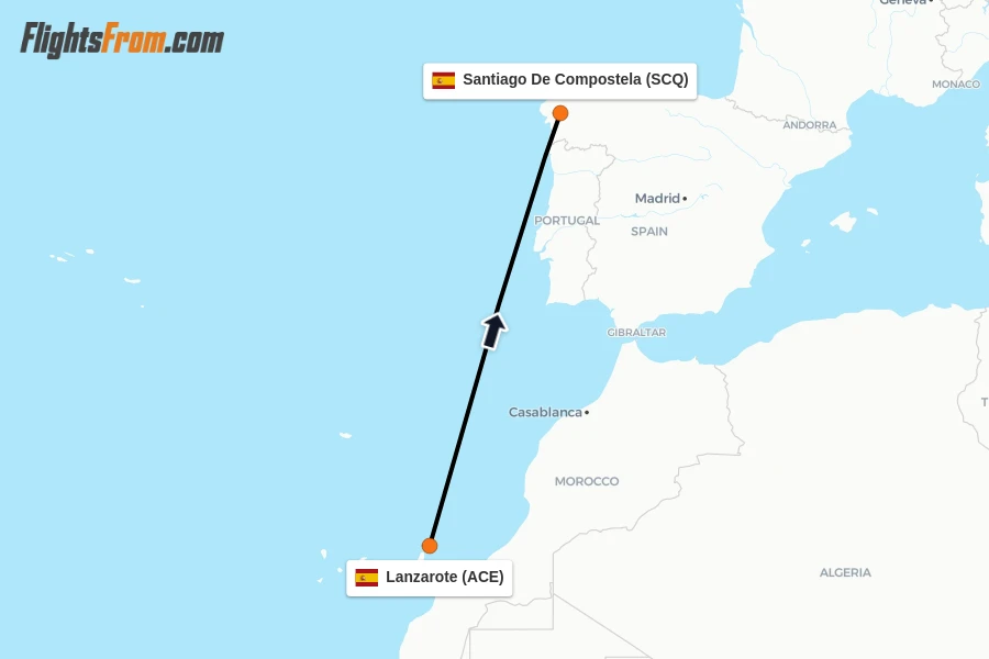 Flights from Lanzarote to Santiago De Compostela route map