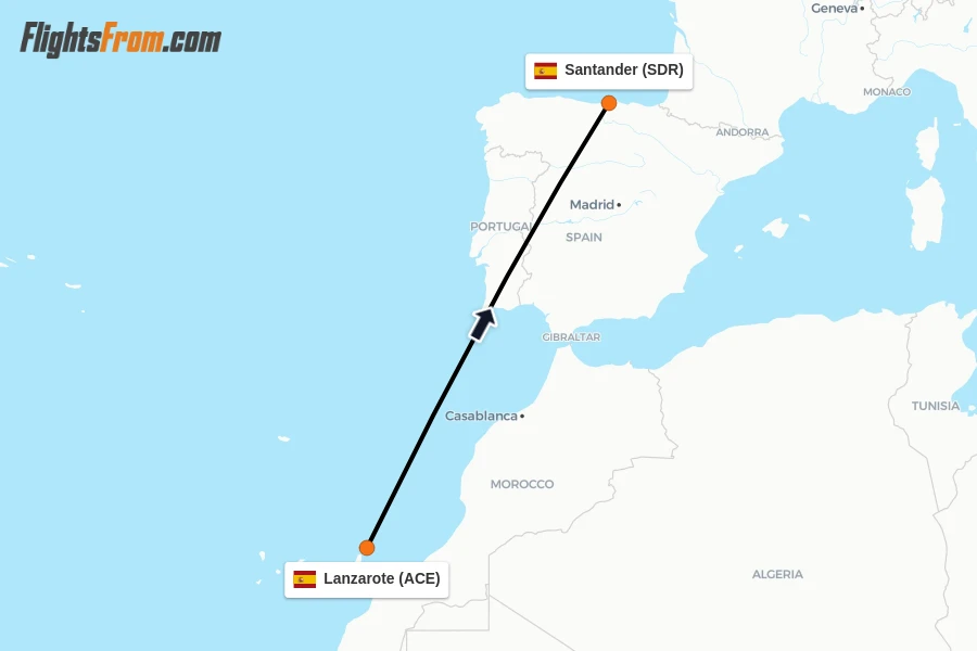Flights from Lanzarote to Santander route map