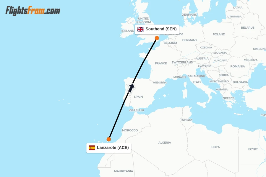 Flights from Lanzarote to Southend route map