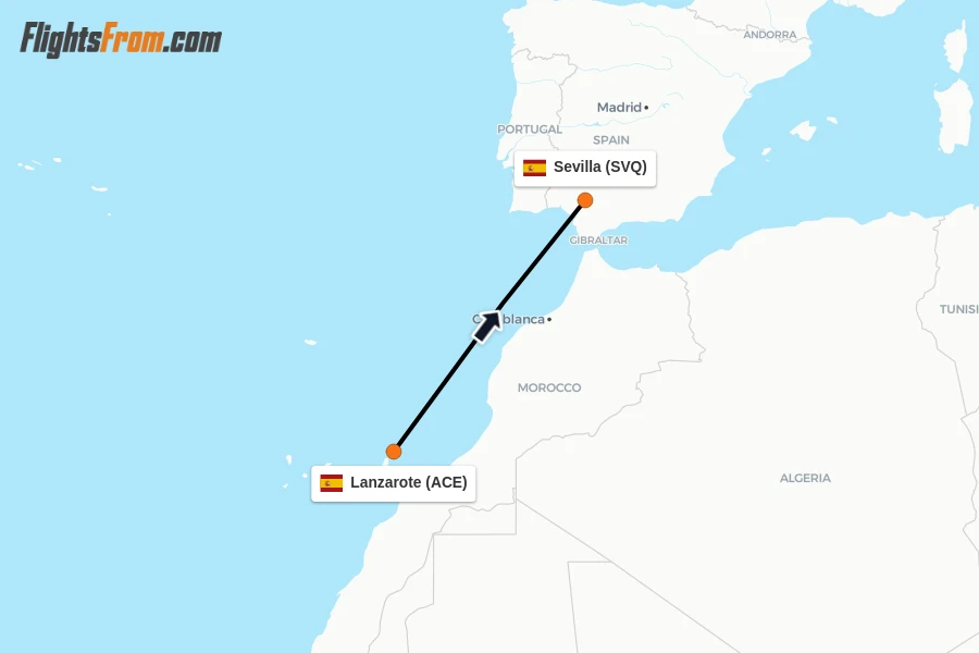 Flights from Lanzarote to Sevilla route map