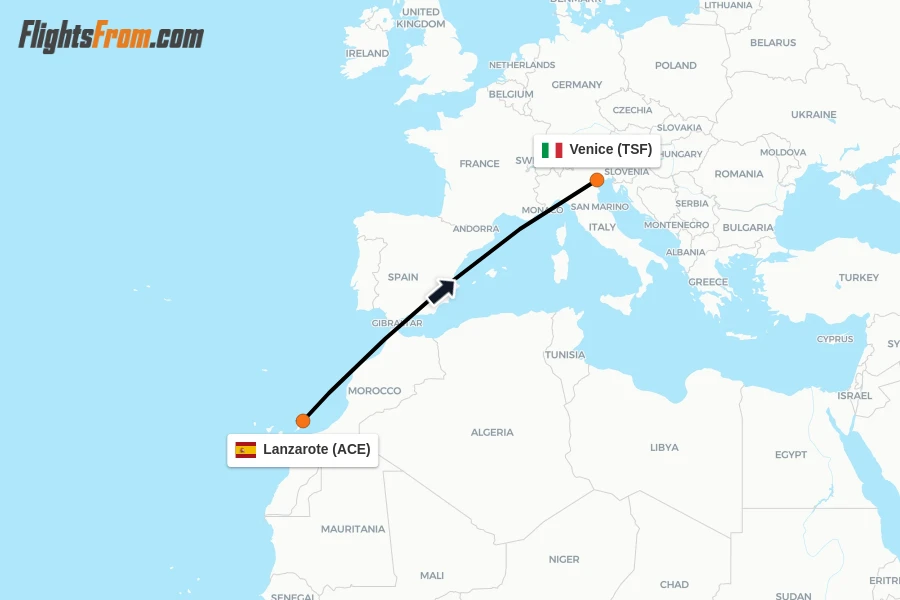 Flights from Lanzarote to Venice route map