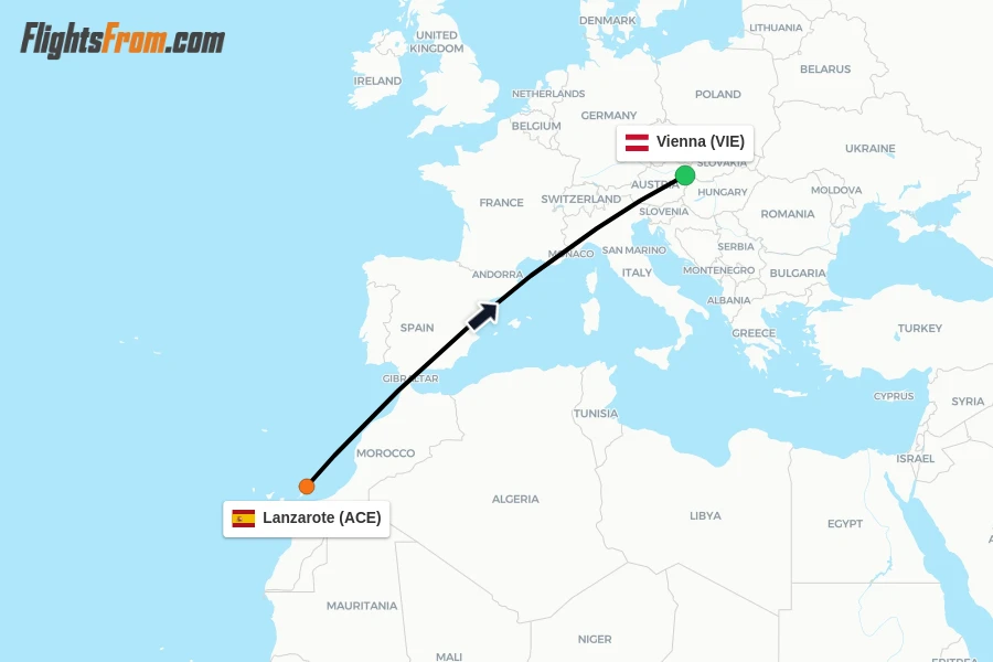 Flights from Lanzarote to Vienna route map