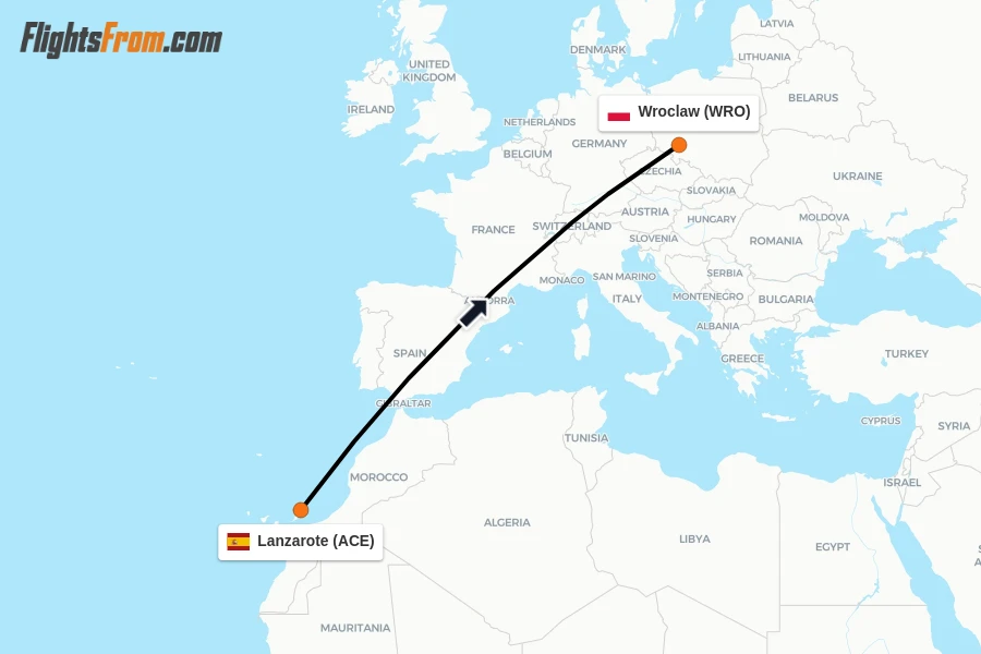 Flights from Lanzarote to Wroclaw route map