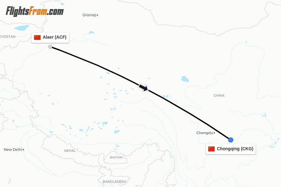 Flights from Alaer to Chongqing route map