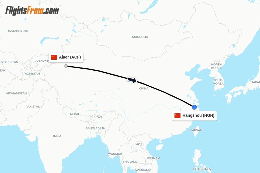 Flights from Alaer to Hangzhou route map