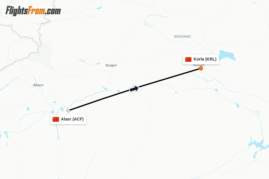 Flights from Alaer to Korla route map