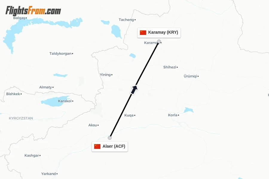 Flights from Alaer to Karamay route map