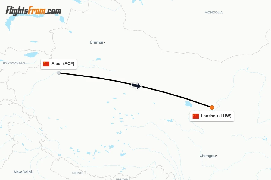 Flights from Alaer to Lanzhou route map
