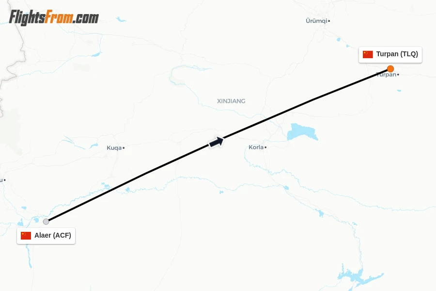 Flights from Alaer to Turpan route map