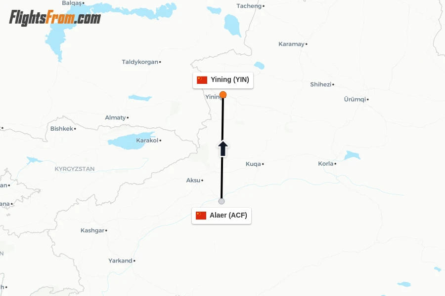 Flights from Alaer to Yining route map