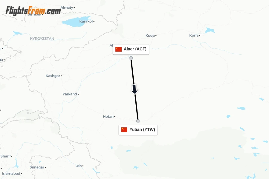 Flights from Alaer to Yutian route map