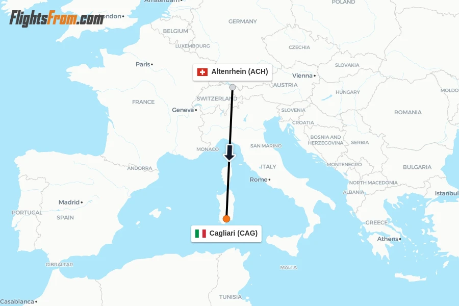 Flights from Altenrhein to Cagliari route map