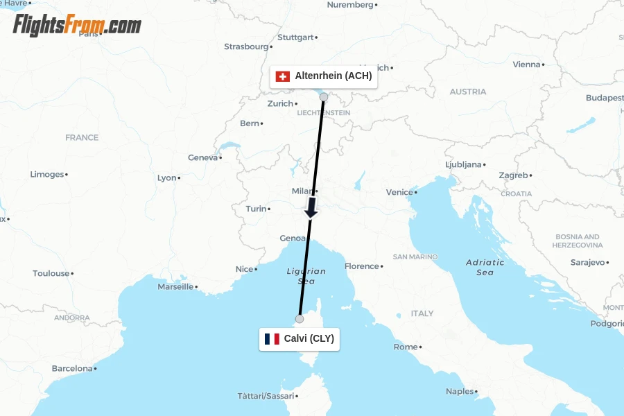Flights from Altenrhein to Calvi route map